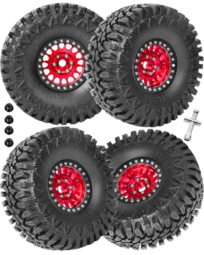 RC 1.9in Beadlock Wheels and Tires for 1/10 TRX4,Axia1 SCX10 II 90046 SCX10 III,D90 RC Crawler Car,Alloy 1.9in rc Beadlock Rims,Soft Rubber 1.9in rc Beadlock Tires,4pcs,Red - color: Red(4pcs)