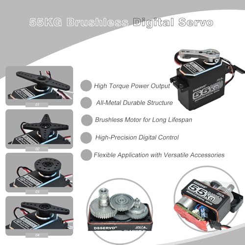 55KG Brushless Servo, BLS3355 High Torque IP67 Waterproof Steering Digital RC Servo for 1/8 1/10 RC Car Crawler Truck Buggy Boat Plane Robot 270 Degree (All Metal Shell)
