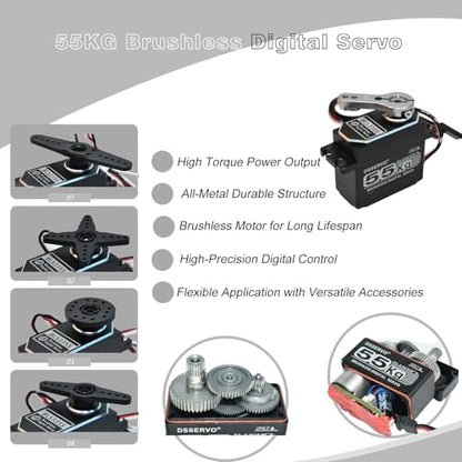 55KG Brushless Servo, BLS3355 High Torque IP67 Waterproof Steering Digital RC Servo for 1/8 1/10 RC Car Crawler Truck Buggy Boat Plane Robot 270 Degree (All Metal Shell)