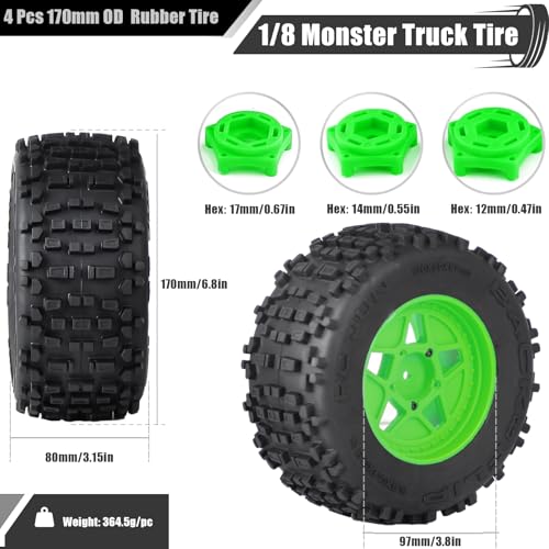 3.8" MT Monster Truck Tires with Foam Insert - 17mm/14mm/12mm Hex Adapters Included, Compatible with TRAXXAS Sledge, ARRMA KRATON, Outcast, Tamiya, HSP (Set of 4), Replacement Part of AR510092 - color: Green Rim, size: 5