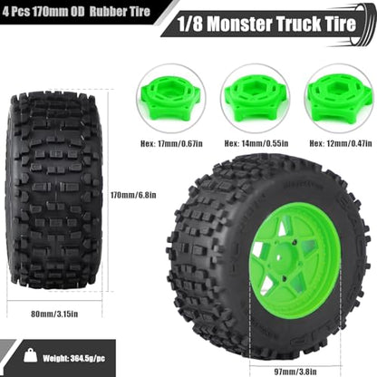 3.8" MT Monster Truck Tires with Foam Insert - 17mm/14mm/12mm Hex Adapters Included, Compatible with TRAXXAS Sledge, ARRMA KRATON, Outcast, Tamiya, HSP (Set of 4), Replacement Part of AR510092 - color: Green Rim, size: 5
