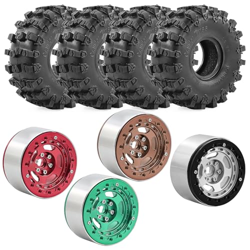 2.2" Beadlock Wheel Rims and Rubber Crawler Tires 150mm (5.91in) for 1/10 RC Crawler SCX10 RBX10 Wraith TRX4 (Silver) - color: Silver