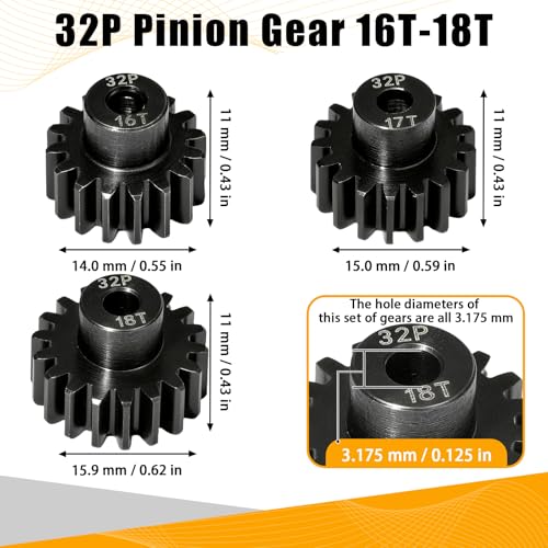 3PCS 32P Pinion Gear #45 Hardened Steel 3.175mm - 16T 17T 18T 0.8M Motor Pinion Gear Set for 1/10 RC Car, Compatible with Traxxas Arrma Tamiya Losi Brushless Brushed Motor Upgrade Parts - size: 16 17 18T