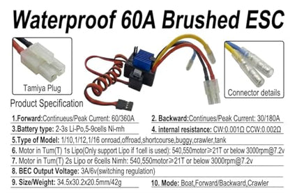 Waterproof Brushed 60A ESC Electronic Speed Controller for 1/10 Traxxas HPI Redcat Tamiya RC Truck, Buggy, Short Course Truck and Rock Crawler