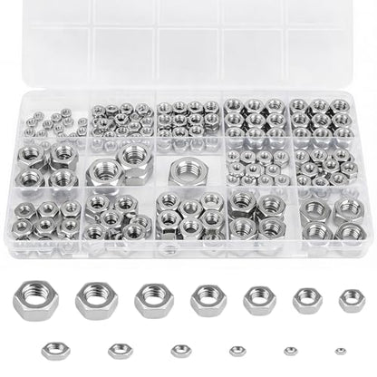 Metric & SAE Hex Nuts, 196 Packs 304 (A2-70) Hardware Nuts | M3 M4 M5 M6 M8 M10 M12#6-32#8-32#10-24 1/4"-20 5/16"-18 3/8"-16 Stainless Steel Standard Inch Coarse Thread Nuts - color: Silver, size: Metric&SAE