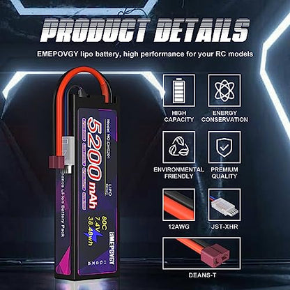 7.4V Lipo Battery 2S 5200mAh 80C Lipos Hard Case with T Connector for RC Car Trucks 1/8 1/10 RC Vehicles(2 Packs) - color: T