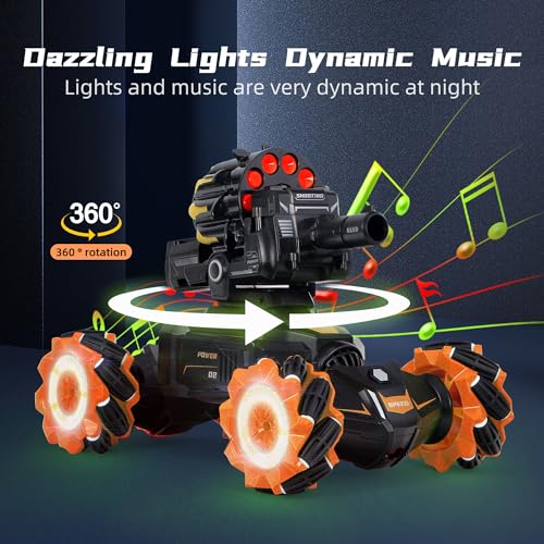 Rc Car Shoot SoftBullet,Fits for Nerf, Remote Control Hand Gesture Stunt Drift Truck, 360°Rotating Battle Tanks with Soft Bullets Water Bomb, Spray, Music, Led, Toy Gifts（Orange） - color: Orange