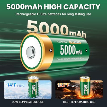 Rechargeable C Batteries with Charger, 6-Pack C Cell Batteries 1.2V NiMH 5000mAh, Universal Battery Charger for C, D, 9V, AA, AAA | Discharge Function | 3 Storage Boxes & Car Charging Cable