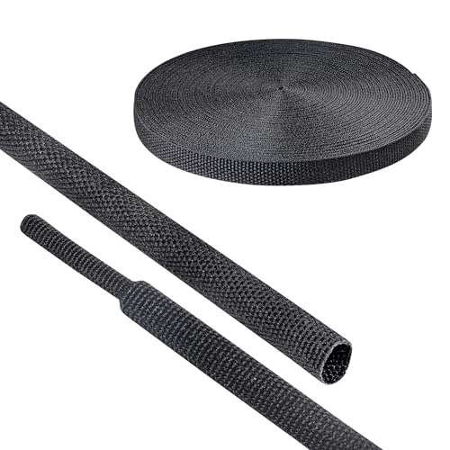 2 in 1 Ratio Automotive Heat Shrink Braided Sleeving 1/4''-66ft | Black 2:1 Ratio Wear-Resistant Fabric Heat Shrink Flat Woven Shrinkable Tube for Car Cable Wires Hoses Protection - size: 1/4''-66ft