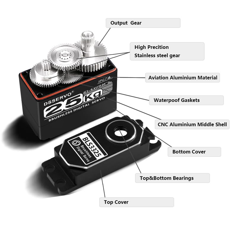 25KG Brushless Full Metal Stainless Gear Digital Motor,High Torgue RC Servo, High Speed, 8.4V Waterproof IP67 with 25T Servo Horn for Cars Robot Helicopter Crawler (25KG 270 Degree) - style: 25KG 270 Degree Brushless
