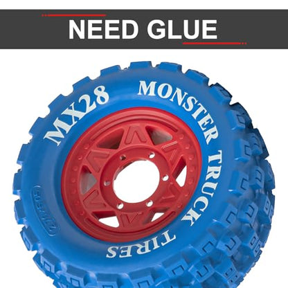 LRFHL MX28 F/R 2.8" RC Monster Truck Tires and Wheels 4PCS, Blue | 12mm/14mm Hex Adapter, 1/10 RC Monster Truck, Compatible with Traxxas Stampede Rustler Redcat Arrma Vorteks Big Rock Granite - color: Blue Tires+ Red Hex Wheel-4