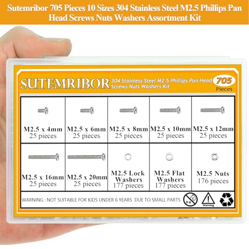 705 Pieces M2.5 Machine Screws Nuts Washers Set, Sutemribor M2.5 x 4/6/8/10/12/16/20mm Phillips Pan Head Machine Screws Nuts Washers Assortment Kit, 304 Stainless Steel, Fully Threaded - size: M2.5 Screws Kit, style: Phillips Pan Head