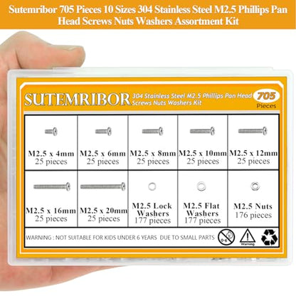 705 Pieces M2.5 Machine Screws Nuts Washers Set, Sutemribor M2.5 x 4/6/8/10/12/16/20mm Phillips Pan Head Machine Screws Nuts Washers Assortment Kit, 304 Stainless Steel, Fully Threaded - size: M2.5 Screws Kit, style: Phillips Pan Head
