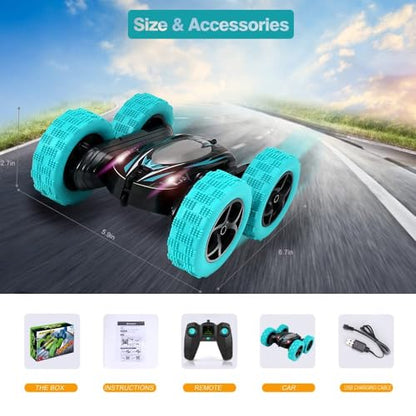 Remote Control Car: Double Sided 360°Rotating 4WD RC Cars 2.4GHz Electric Race Stunt Toy Car Rechargeable Toy Cars for 6 7 8 9 10 11 12 Year Old Boys Girls Kids Christmas Birthday Gifts Cyan - color: Cyan