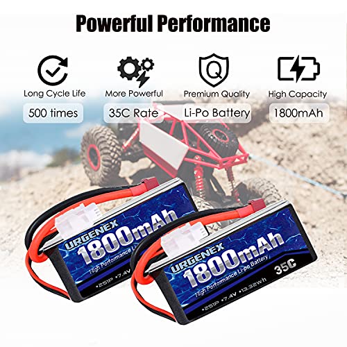 7.4V Lipo Battery 2S 35C 1800mAh Rechargeable RC Battery Pack with Deans T Plug Campatibal with Most 1/10, 1/16 Scale RC Cars Trucks and 7.4V 1to2 USB Lipo Battery Charger