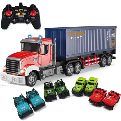 Mostop RC Semi Truck with Trailer - 22.5 Inch Remote Control Semi Truck Toy for Kids, 1:24 Scale Container Truck with 2 Batteries, Carrier Van Transport Vehicle with LED Light & Music,Great Gift