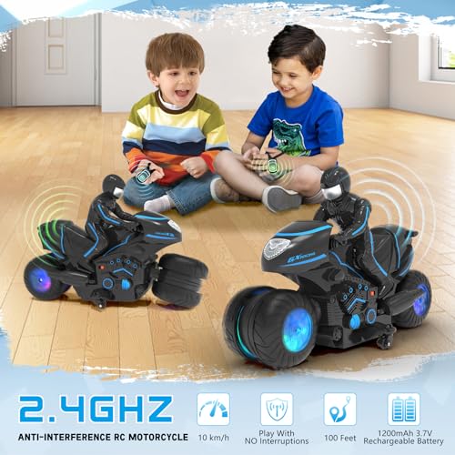 Eulogia Remote Control Motorcycle Toys New Upgraded RGB Wheels Lights, RC Motorbike with 2-in-1 Remote, Gesture Sensing Stunts Dirt Bike, 360° Rotating High Speed Motocross Car for Boys Girls Gift - color: Blue