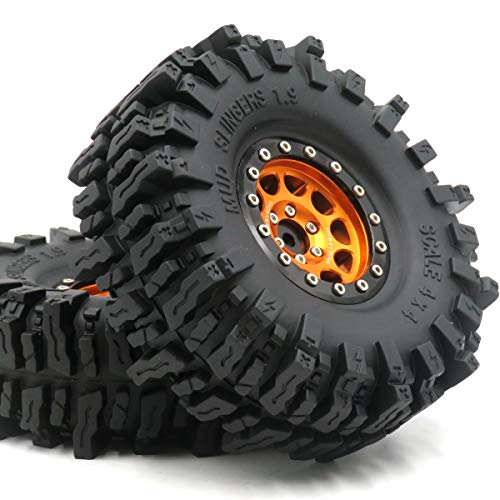 RC Soft Sticky 1.9 Mud Slingers Tires 120mm & 1.9 Beadlock Wheels Orange Black Rims, 1.9 Crawler Tires and Wheels for 1/10 rc Crawler Traxxas TRX4 Axial SCX10 Gen8, (4-Pack) - color: Orange & Black