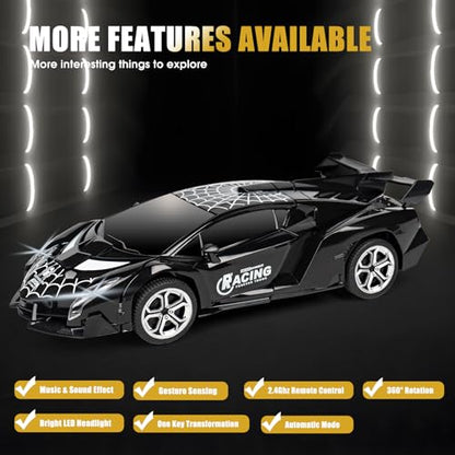 Rechargeable Transform Remote Control Spider Car, Black Transforming RC Robot Toy 1:18, One-Key Deformation, 360° Drifting Vehicle for Kids Ages 3-7