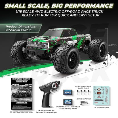 HAIBOXING 18859E 1:18 Scale RC Truck, 4X4 Off-Road Truck High Speed 36km/h | Hobby RTR 2.4GHz Remote Control Car Water-Resistant Electronics Two Li-Po Batteries Extended Playtime RC Cars for Kids&Adults - color: Green