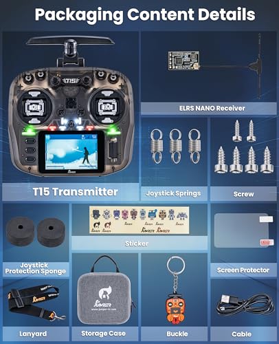 Jumper T15 2.4GHz ELRS Radio Transmitter with Nano Receiver,VS-M Hall Gimbal EdgeTX IPS Color Touchscreen Controller for FPV Drone/Fixed-Wing/Helicopter/Multirotor/RC Car Boat,Mode 2 (Charcoal)