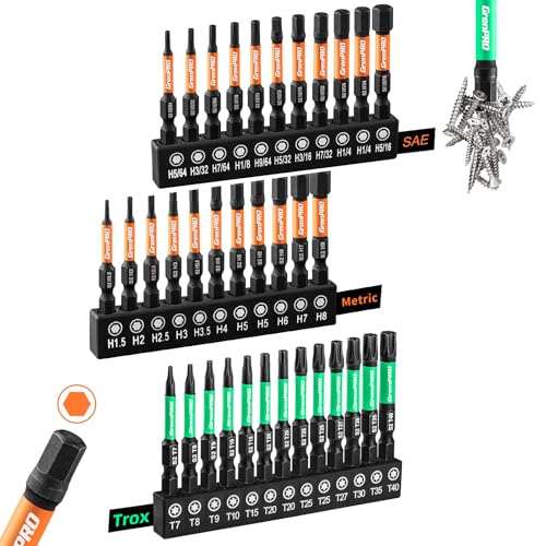 GRENPRO Impact Screwdriver Bits Set, 35Pcs 2” Allen Wrench Drill Bit Set (Metric & SAE)/Trox, Premium S2 Steel Magnetic 1/4" Hex-Shank Bit Set,CNC Machined, Automotive Mechanic Home Repair | Magnetic 1/4" hex-shank bits are CNC machined in Metric and SAE