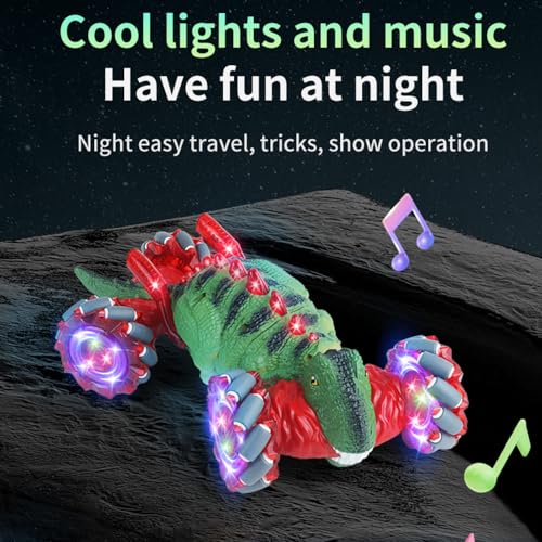 RC Stunt Car, Dinosaur Remote Control Car, 2.4GHz 4WD Gesture Sensing RC Cars with 360° Rotating, Lights and Music, 2 Batteries, Birthday Gifts (Red), HG4-44