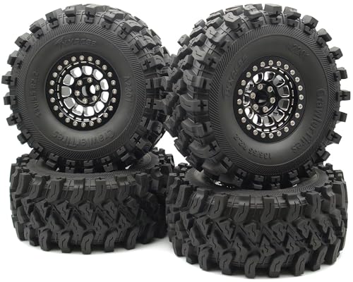 136mm 2.2 Aluminium Beadlock Wheels and Tires Set (4-Piece) for 1/10 RC Crawler (Black) - color: Black