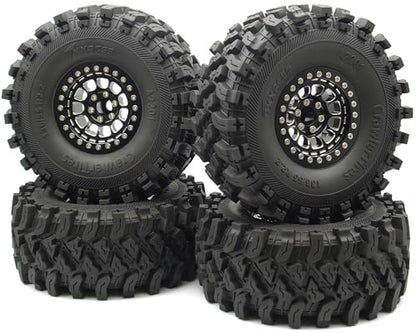 136mm 2.2 Aluminium Beadlock Wheels and Tires Set (4-Piece) for 1/10 RC Crawler (Black) - color: Black