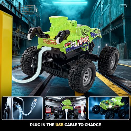 BEZGAR Monster Truck Toys - 2.4GHz 1:64 Remote Control Car with Colorful Lights, 360° Spins, Metal Shell - Remote Control Monster Truck for Boys Girls Age 6, 7, 8, 9, 10 Years Old(Green) - color: Green