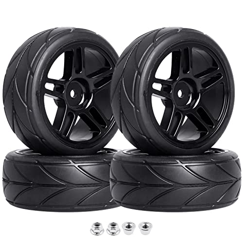 Pre-Glued 12mm Hex 1/10 RC Touring Car Wheels & Tires for Traxxas 4-Tec 2.0 Tamiya TT02 TT01 1/14 Wltoys 144001 1/18 Latrax Teton SST Kyosho Fazer MK2 HPI, 4pcs