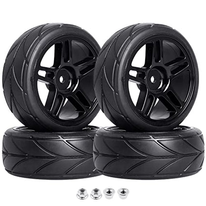 Pre-Glued 12mm Hex 1/10 RC Touring Car Wheels & Tires for Traxxas 4-Tec 2.0 Tamiya TT02 TT01 1/14 Wltoys 144001 1/18 Latrax Teton SST Kyosho Fazer MK2 HPI, 4pcs