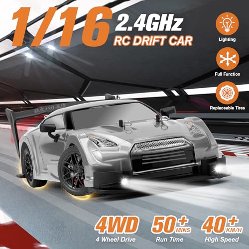 RC Drift Car, 1:16 Scale Drifting RC Cars, 2.4GHz 4WD 40km/h | RC Race Car, High-Speed Remote Control Drift Car Vehicle, Racing Sport Toy Gift for Boys Girls Kids(Silver) - color: Silver