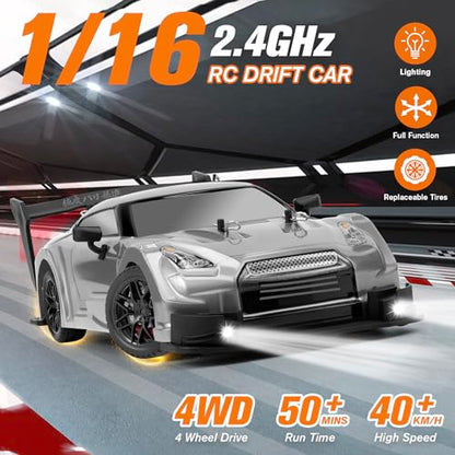RC Drift Car, 1:16 Scale Drifting RC Cars, 2.4GHz 4WD 40km/h | RC Race Car, High-Speed Remote Control Drift Car Vehicle, Racing Sport Toy Gift for Boys Girls Kids(Silver) - color: Silver