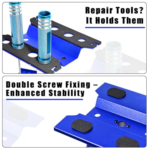 RC Car Work Stand Adjustable Height Lift Lower 360° Rotation Aluminum RC Repair Stand & Small Screw Tray Fit for 1/8 1/10 1/12 1/14 for Traxxa Axial Arrma Redcat RC Crawler Monster Truck Buggy（Blue） - color: Blue