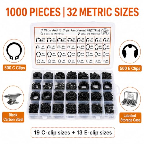 1000-Piece C Clips & E Clips Assortment Kit - 32 Sizes, Retaining Rings | Black carbon steel snap ring kit: 32 metric sizes, C clips M3-M28 and E clips 1.5-15 mm, labeled case for automotive repair