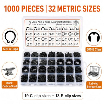 1000-Piece C Clips & E Clips Assortment Kit - 32 Sizes, Retaining Rings | Black carbon steel snap ring kit: 32 metric sizes, C clips M3-M28 and E clips 1.5-15 mm, labeled case for automotive repair