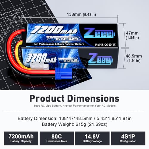 Zeee 4S Lipo Battery 7200mAh 14.8V 80C with EC5 Connector (2 Pack) | Hard Case RC Battery for RC Car Truck Tank Buggy Truggy RC Racing Models