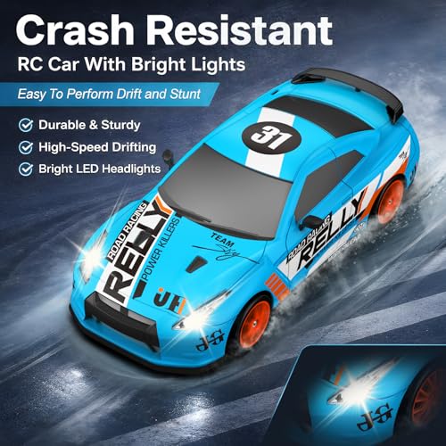 RC Drift Car Remote Control Car 2.4GHz 1:24 Scale 4WD 15KM/H High Speed Model Vehicle LED Lights Drifting Tire Racing Sport Toy for Adult Boys Girls Kids Gift 2Pcs Rechargeable Batterie - color: Light Blue