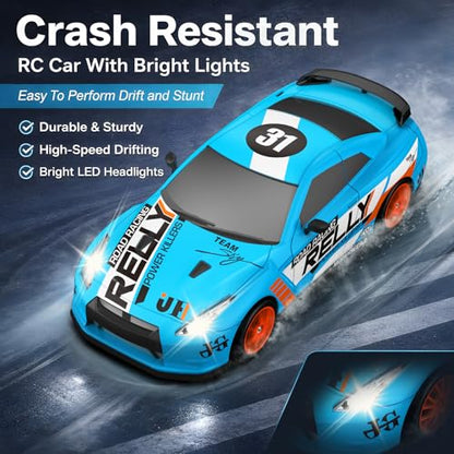 RC Drift Car Remote Control Car 2.4GHz 1:24 Scale 4WD 15KM/H High Speed Model Vehicle LED Lights Drifting Tire Racing Sport Toy for Adult Boys Girls Kids Gift 2Pcs Rechargeable Batterie - color: Light Blue