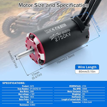 Surpass Hobby 3670 & 110A ESC Brushless Motor and ESC Combo for RC Car 2-3S Lipo IP67 Waterproof Applicable to 1/10 Short Course,Trucks,Monster(2750kv)