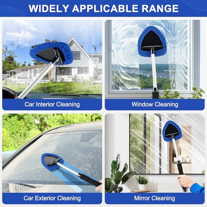 JUSTTOP Windshield Cleaner Tool, Car Interior&Exterior Window Cleaning Tool with Extendable Handle & 4 Reusable Microfiber Pads, Auto Glass Wiper Brush Kit for Cars (Blue) - color: Blue