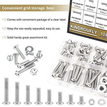 104 Pieces #12-24x 5/16", 3/8", 1/2", 5/8", 3/4", 7/8", 1", 1-1/4", Phillips Pan Head Machine Screws Nuts Washers Assortment Kit, 304 Stainless Steel, Fully Machine Thread - size: #12-24