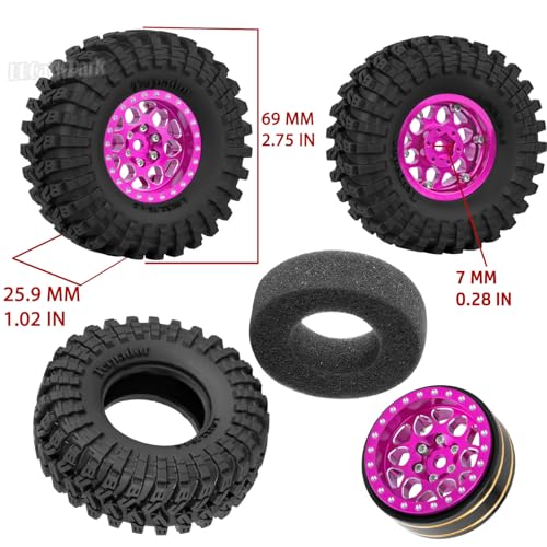 RC 1.3 Beadlock Wheels and Tires for 1/18 TRX4M 1/24 SCX24 FCX24 RC Crawler Car,4pcs RC 1.3 in Brass Rims & Aluminum Beadlock Wheels Rims and Tires,Pink - color: Pink - (4pcs 1.3 Tires)