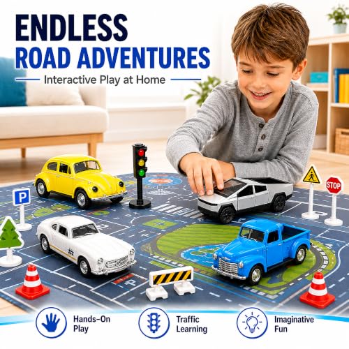1:32 Die Cast Pull Back Truck Toys for Kids, Alloy Toy Cars with Openable Doors, Road Signs & Map Playset, Birthday Gift for Boys Girls Ages 3-8 - size: Alloy car 4-piece set