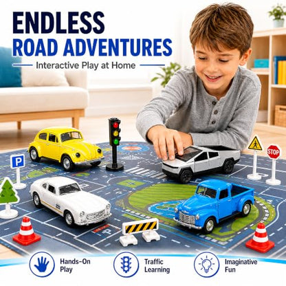 1:32 Die Cast Pull Back Truck Toys for Kids, Alloy Toy Cars with Openable Doors, Road Signs & Map Playset, Birthday Gift for Boys Girls Ages 3-8 - size: Alloy car 4-piece set