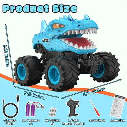 Dinosaur Remote Control Car, 2.4GHz Monster Truck Toys Rechargeable RC Cars 1:24 Scale RC Truck with LED Light Movable Mouth, Dinosaur Cars Toys for Kids Boys 6-8 8-12 Birthday Gift, Blue - color: Blue