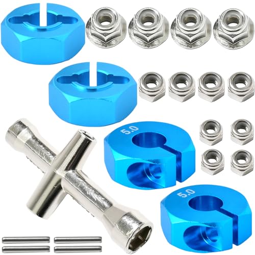 Aluminum 12mm Hex Wheel Hub 4Pcs w/Axle Pin M4 Flange Lock Nut Standard M3 M4 Nut 5mm Thickness Wheel Drive Adapter for 1/10 Traxxas HSP Redcat Rc4wd Tamiya Axial SCX10 WLtoy RC Car(25Pcs) - color: Sky Blue, size: 5.0 Sky Blue