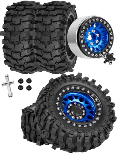 1.9 Beadlock Wheel & Tire Set, 88x36mm Rubber Crawler Tires Aluminum Alloy 1.9 Inch Beadlock Rims Compatible with 1/12 M-J-X H12Y H12Y+ H12P, MN-128 RC Climbing Car,Navy Blue w/Black - color: Navy W/Black