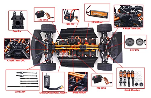 1/7 4WD Brushless RC Monster Truck, 1900KV Motor 150A ESC Metal Gear Servo, CNC Aluminum Adjustable Shocks, 2.4GHz RTR Hobby Off Road Remote Control Truck for Adults 14+（Without Battery） - color: Black